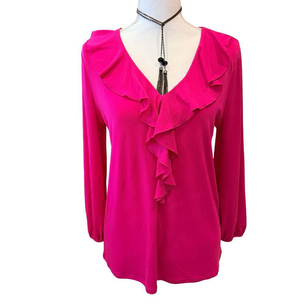 Adrianna Papell Hot Pink Ruffle V-Neck Long Sleeve Blouse Size M